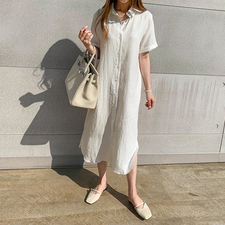 ウエストマークリボン付き 半袖 シャツワンピース