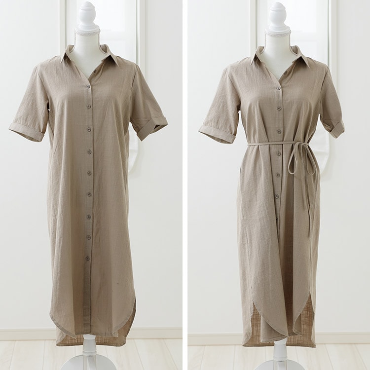 ウエストマークリボン付き 半袖 シャツワンピース