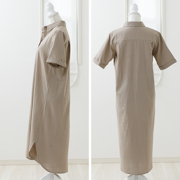 ウエストマークリボン付き 半袖 シャツワンピース