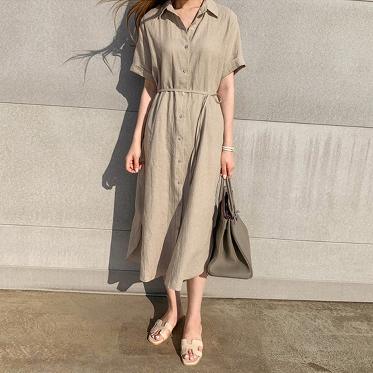 ウエストマークリボン付き 半袖 シャツワンピース