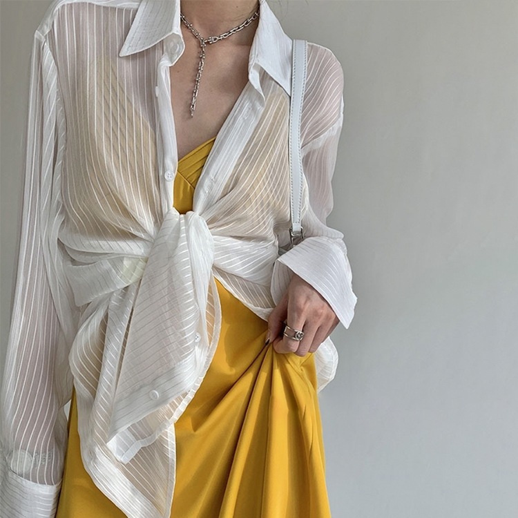 シースルー ストライプ 長袖 シアーブラウス