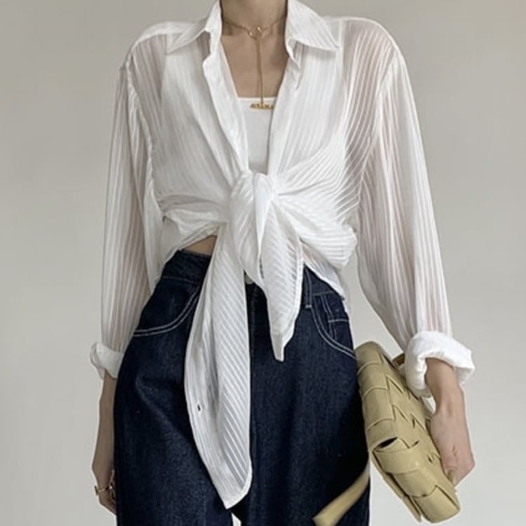 シースルー ストライプ 長袖 シアーブラウス