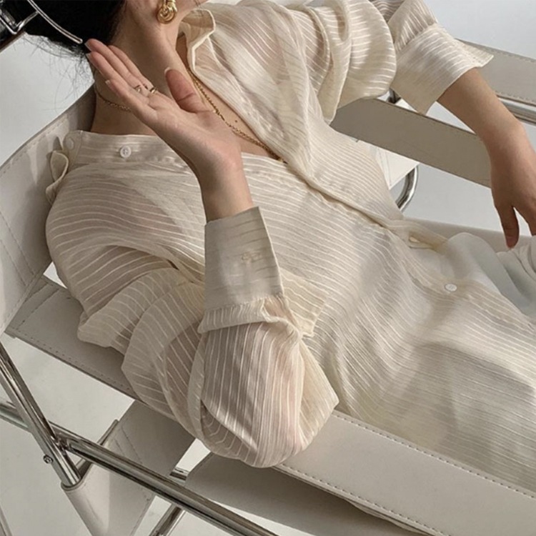 シースルー ストライプ 長袖 シアーブラウス