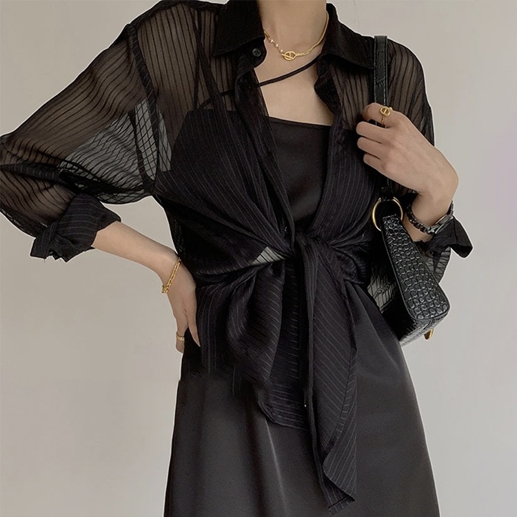 シースルー ストライプ 長袖 シアーブラウス