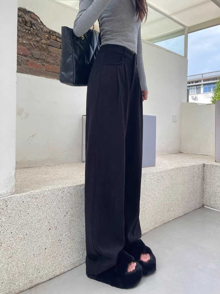 てろんと感 裏起毛 コーデュロイ ハイウエスト ワイドパンツ