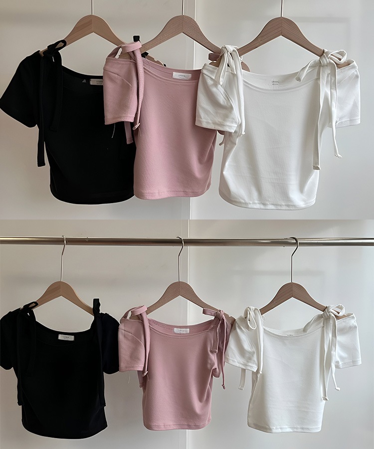 ショルダー リボン クロップド 半袖 Tシャツ