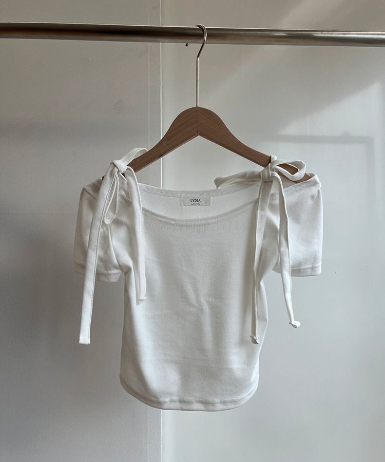 ショルダー リボン クロップド 半袖 Tシャツ
