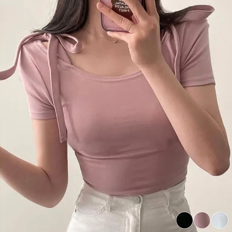 ショルダー リボン クロップド 半袖 Tシャツ