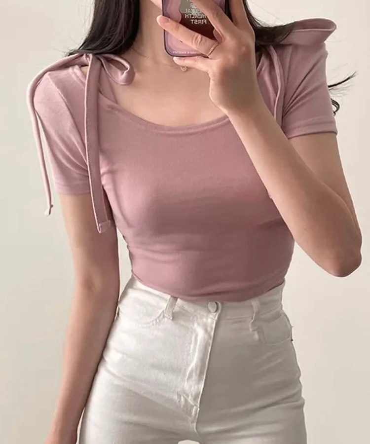 ショルダー リボン クロップド 半袖 Tシャツ