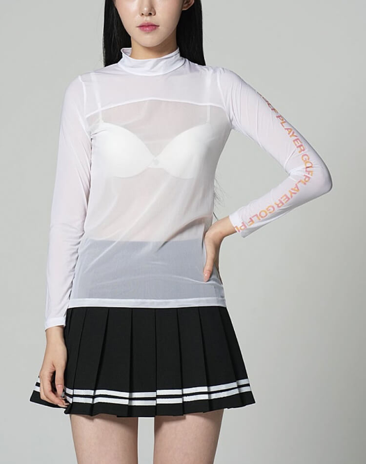 袖ロゴ ハイネック シースルー インナー トップス