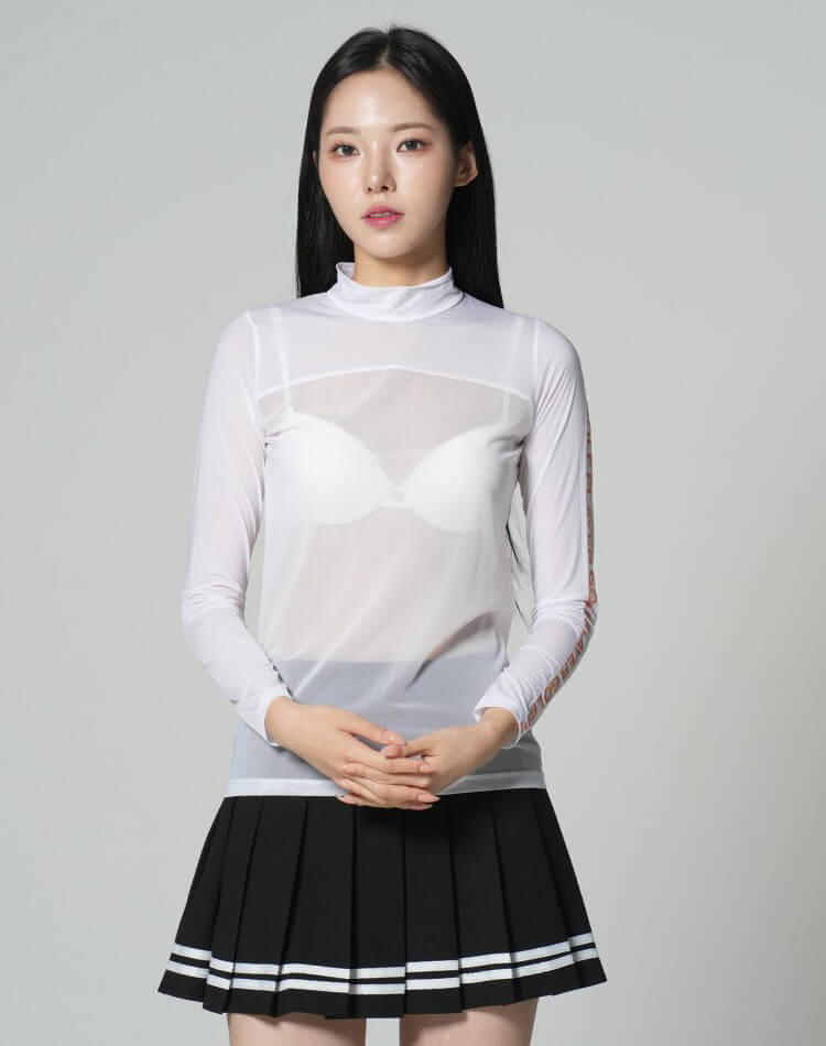 袖ロゴ ハイネック シースルー インナー トップス