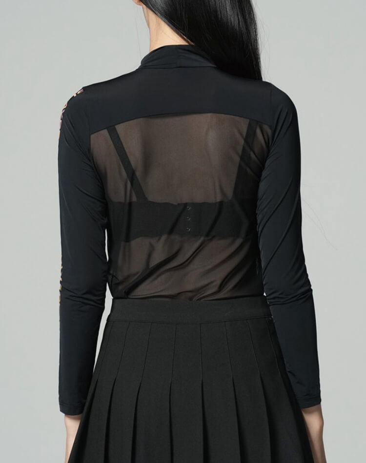 袖ロゴ ハイネック シースルー インナー トップス