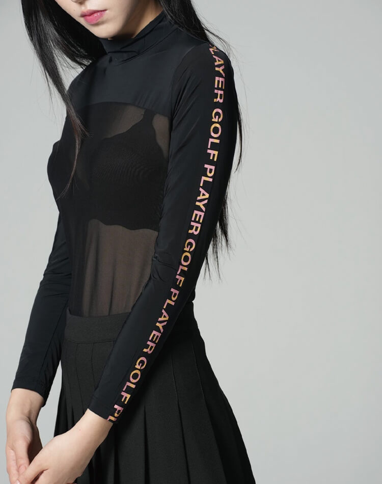 袖ロゴ ハイネック シースルー インナー トップス