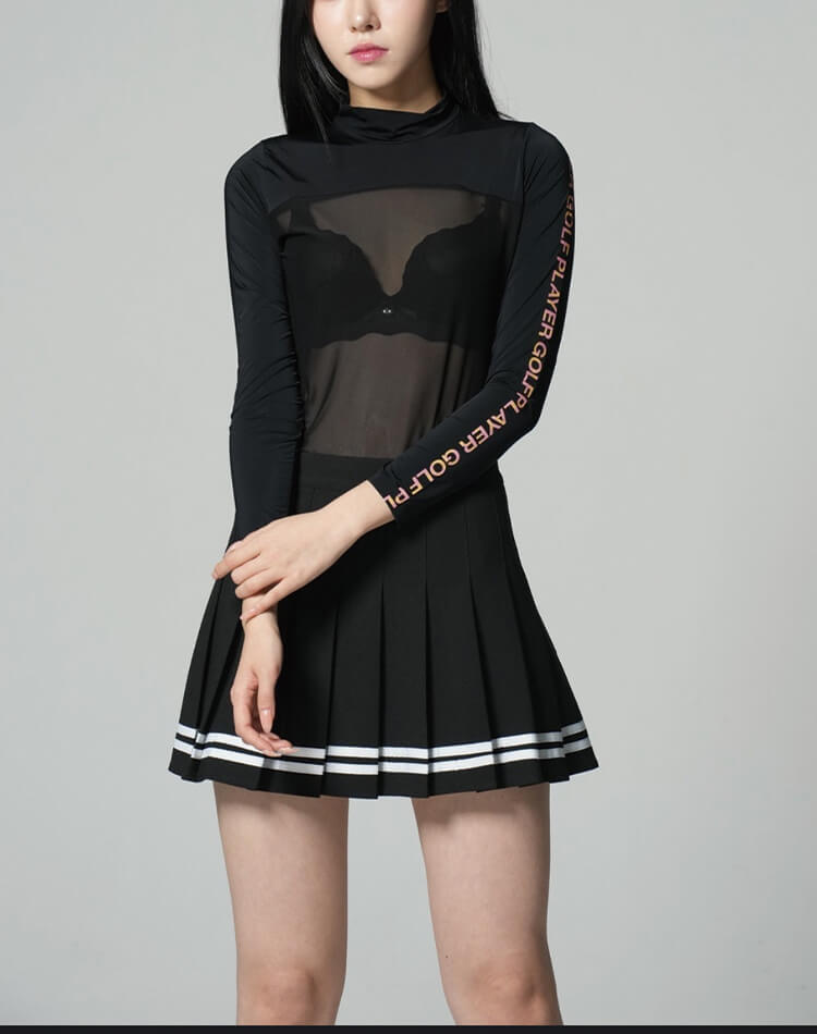 袖ロゴ ハイネック シースルー インナー トップス