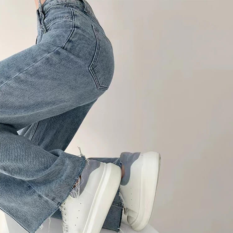 サイドボタン アンシンメトリー ワイド デニムパンツ