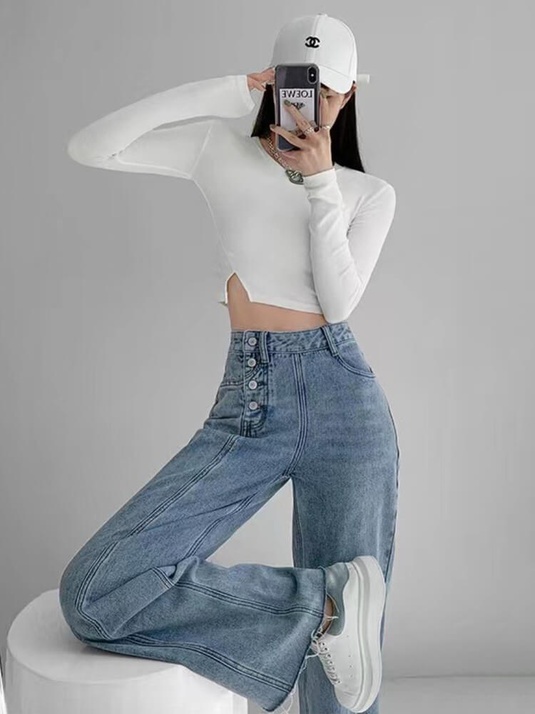 サイドボタン アンシンメトリー ワイド デニムパンツ