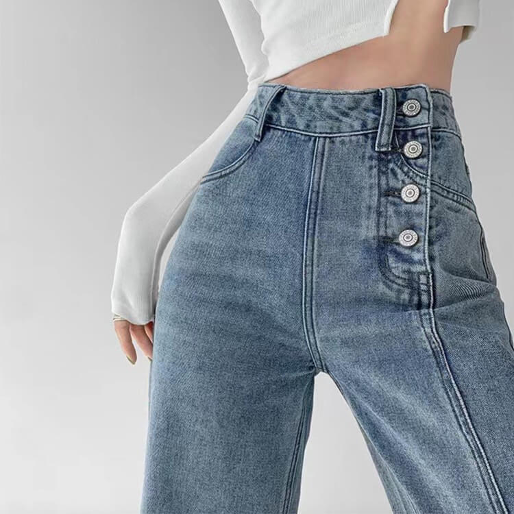 サイドボタン アンシンメトリー ワイド デニムパンツ