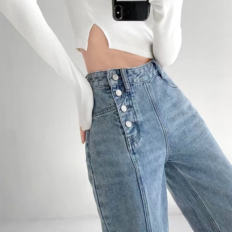 サイドボタン アンシンメトリー ワイド デニムパンツ