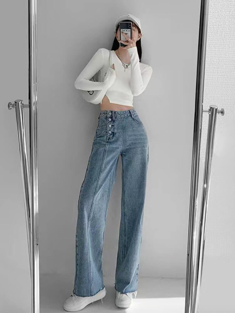 サイドボタン アンシンメトリー ワイド デニムパンツ