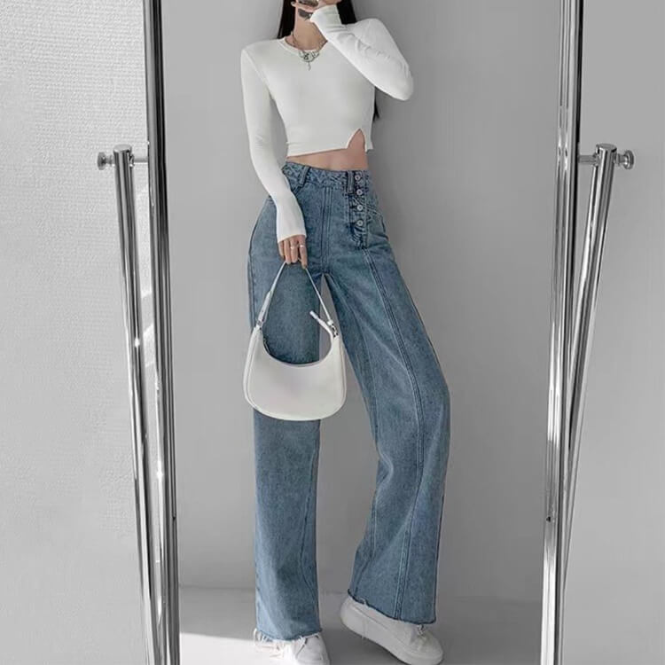 サイドボタン アンシンメトリー ワイド デニムパンツ