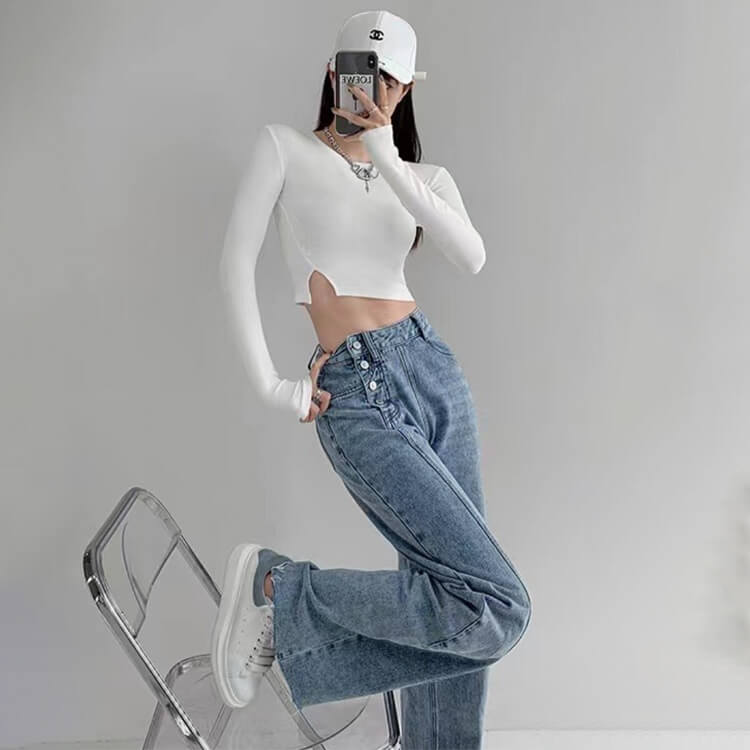 サイドボタン アンシンメトリー ワイド デニムパンツ