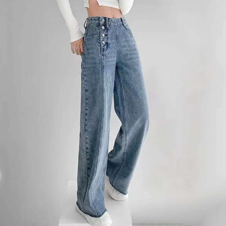 サイドボタン アンシンメトリー ワイド デニムパンツ