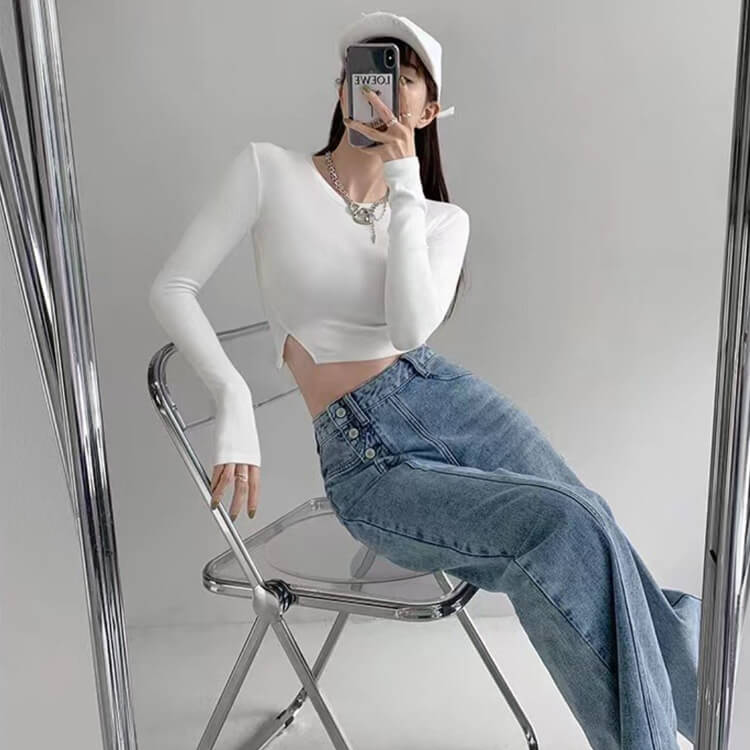 サイドボタン アンシンメトリー ワイド デニムパンツ