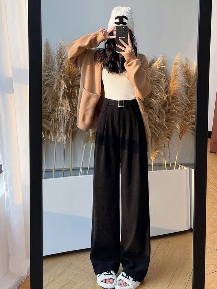 着丈が選べる あったか 裏起毛 コーデュロイ ワイドパンツ