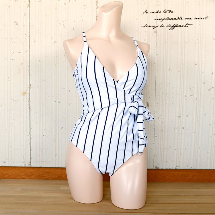 カシュクールデザイン ストライプ ワンピースタイプ水着