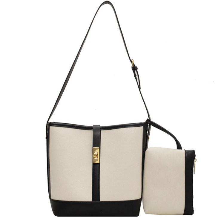 ポーチ付き 2WAY キャンパス レザー ショルダーバッグ