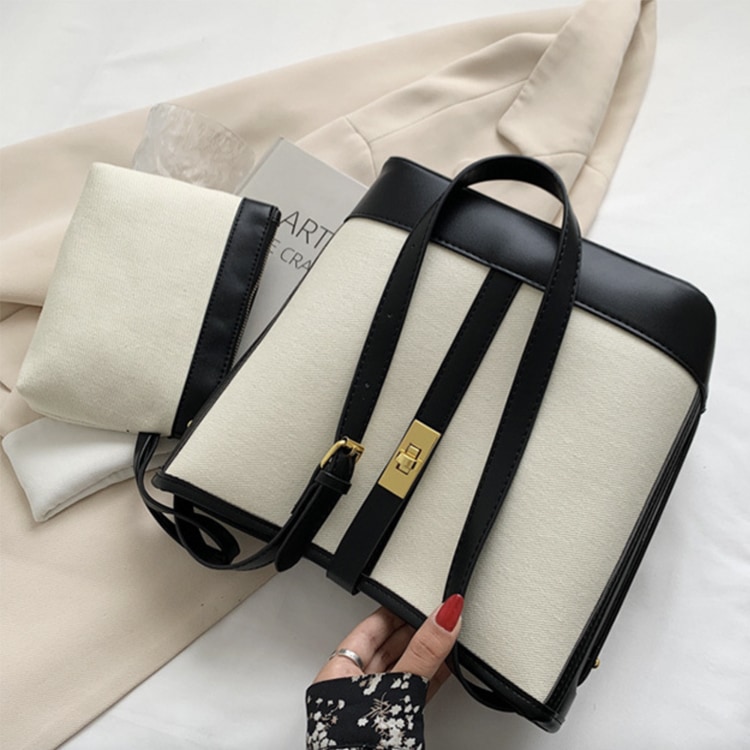 ポーチ付き 2WAY キャンパス レザー ショルダーバッグ