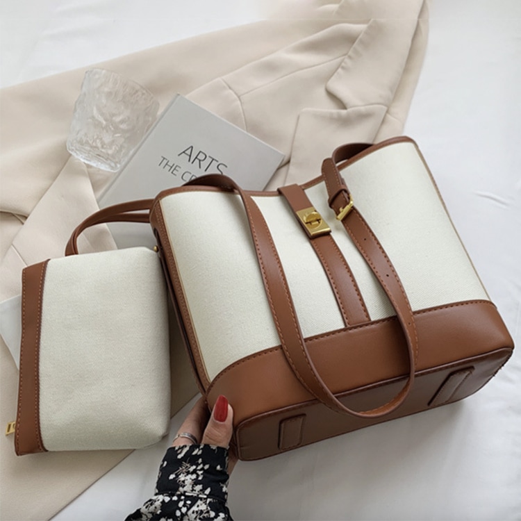 ポーチ付き 2WAY キャンパス レザー ショルダーバッグ