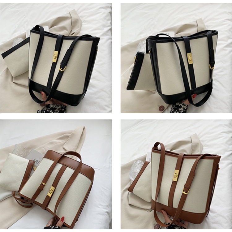 ポーチ付き 2WAY キャンパス レザー ショルダーバッグ