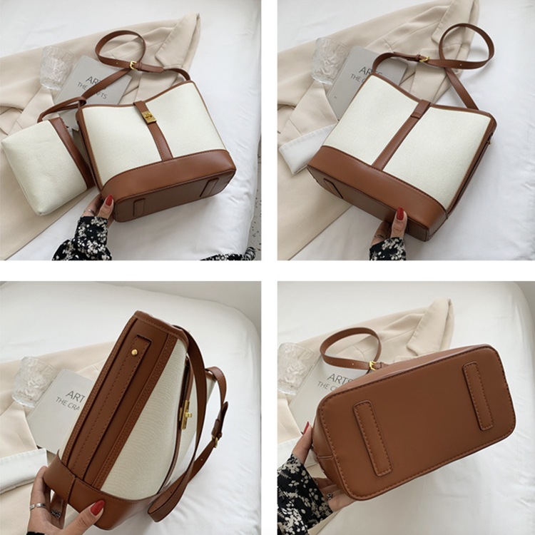 ポーチ付き 2WAY キャンパス レザー ショルダーバッグ