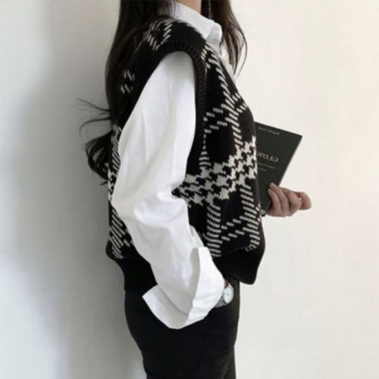 チェック柄 ショート丈 Vネック ニットベスト | レディース