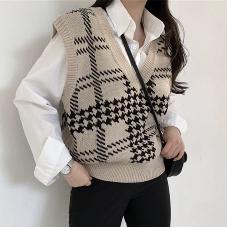 チェック柄 ショート丈 Vネック ニットベスト