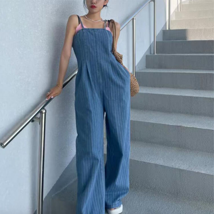 ストライプ柄 ロング丈 キャミソール デニム サロペット