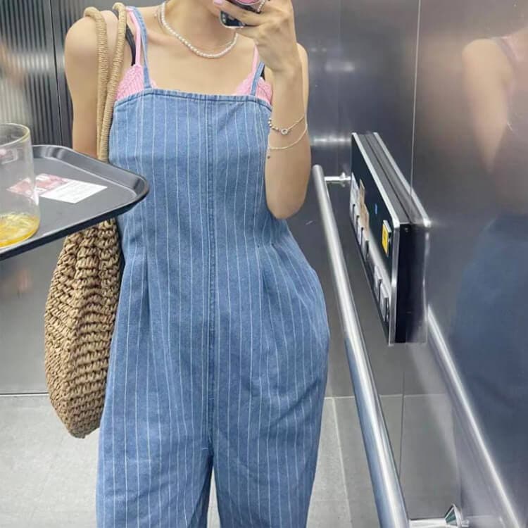 ストライプ柄 ロング丈 キャミソール デニム サロペット