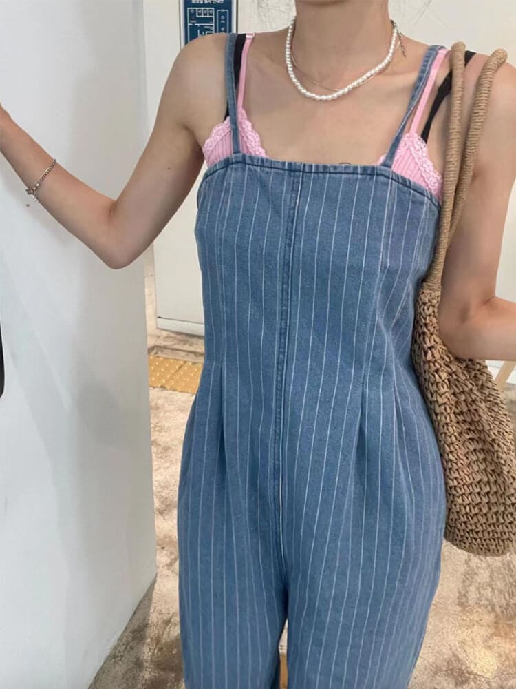 ストライプ柄 ロング丈 キャミソール デニム サロペット