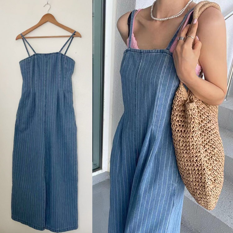 ストライプ柄 ロング丈 キャミソール デニム サロペット