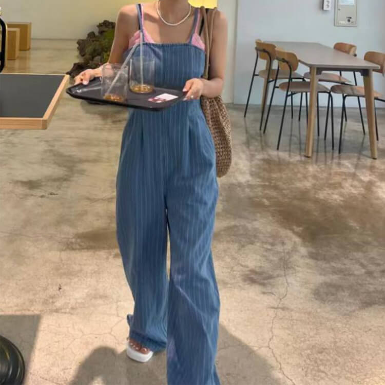 ストライプ柄 ロング丈 キャミソール デニム サロペット