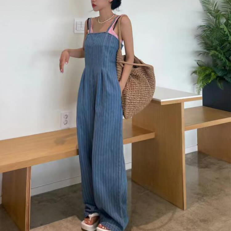 ストライプ柄 ロング丈 キャミソール デニム サロペット