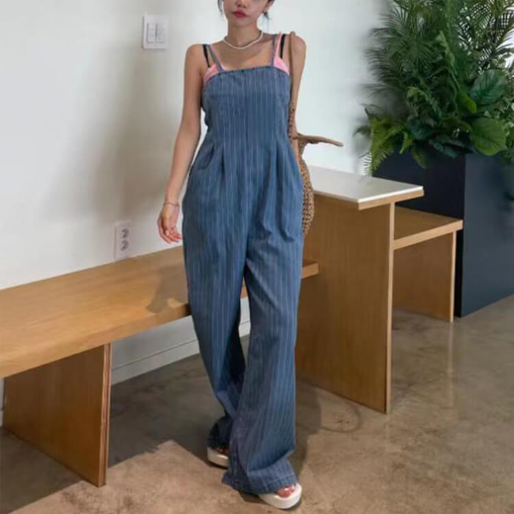 ストライプ柄 ロング丈 キャミソール デニム サロペット