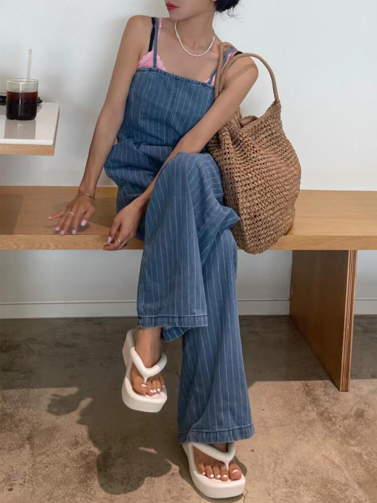 ストライプ柄 ロング丈 キャミソール デニム サロペット