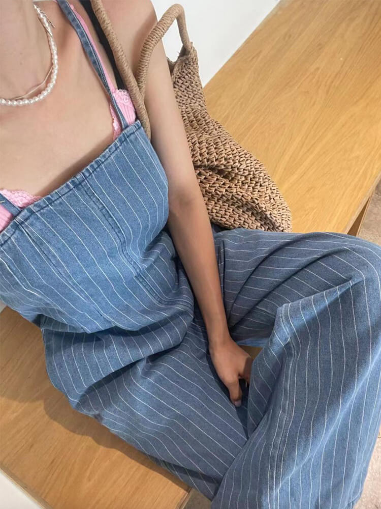 ストライプ柄 ロング丈 キャミソール デニム サロペット