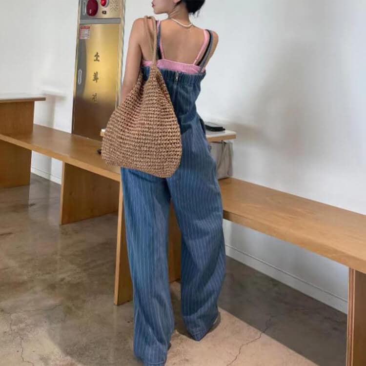 ストライプ柄 ロング丈 キャミソール デニム サロペット