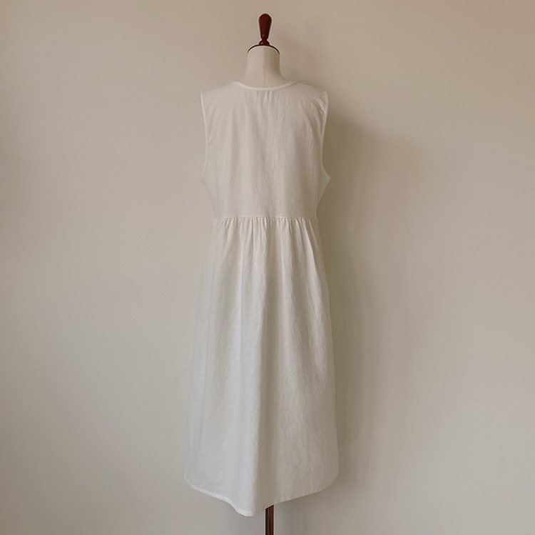 ゆったり ノースリーブ リネンロングワンピース