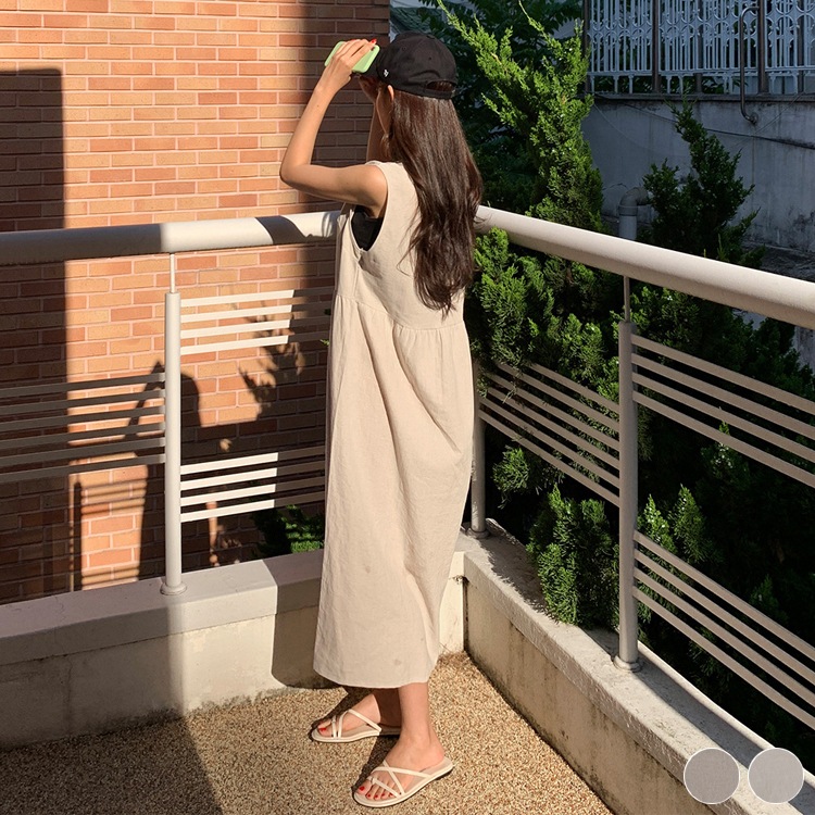 ゆったり ノースリーブ リネンロングワンピース