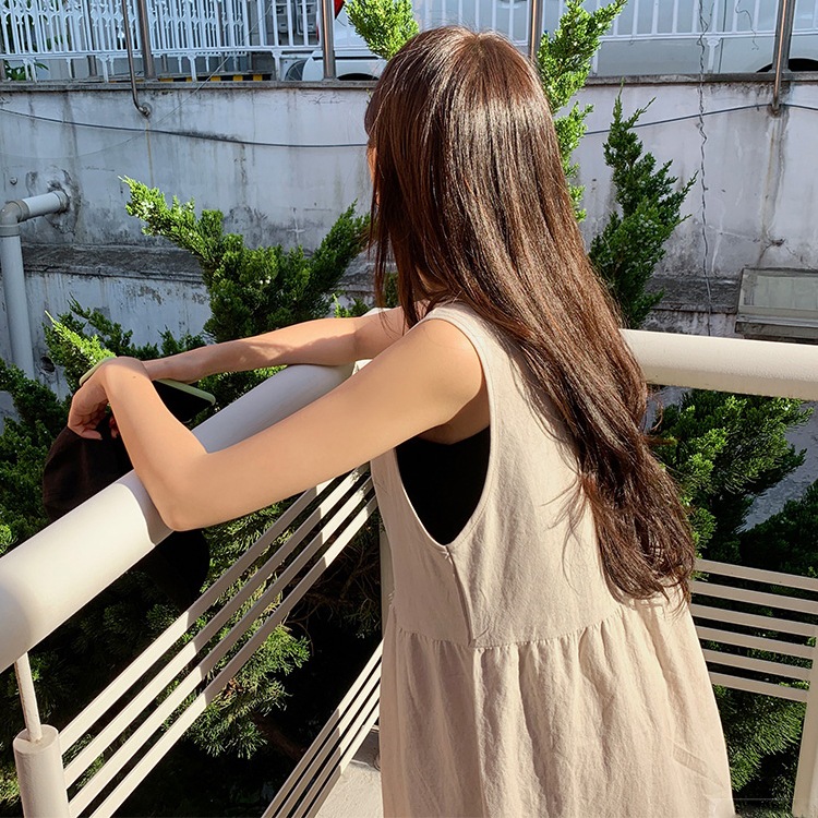 ゆったり ノースリーブ リネンロングワンピース