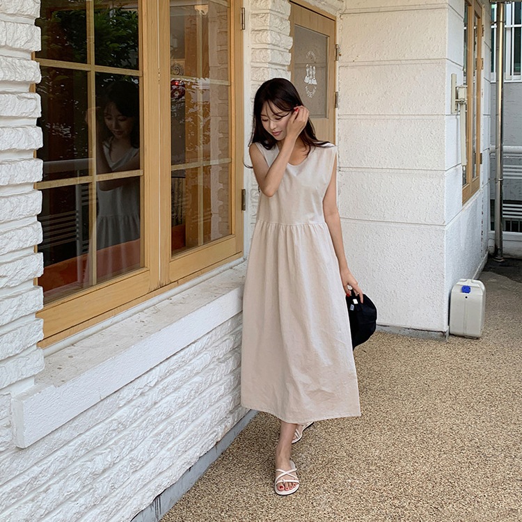 ゆったり ノースリーブ リネンロングワンピース